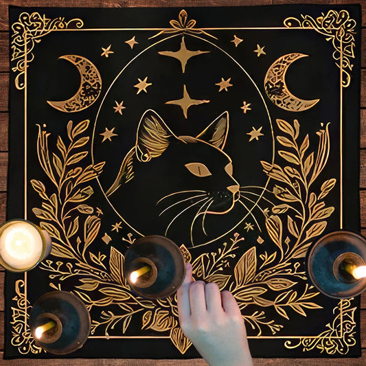 Mystical Tarot Card Tablecloth – Witchcraft Cat Altar Cloth with Moon & Pentagram